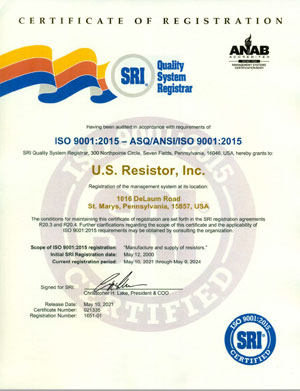 US Resistor Quality Policy ISO 9001:2015 - St. Marys, Elk County, PA USA.